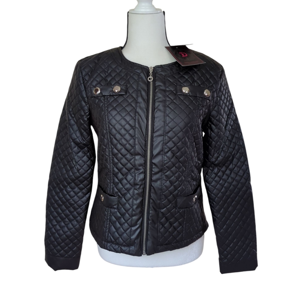 NWT Dollhouse Faux Leather Quilted Full Zip Jacket MEDIUM Black Pockets